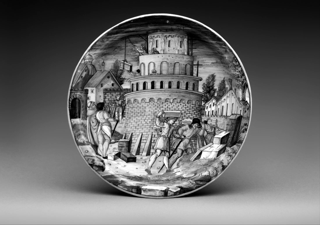 A plate painted with the building of the Tower of Babel